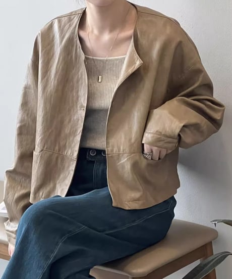 collarless pu leather jacket /2color　FL2814
