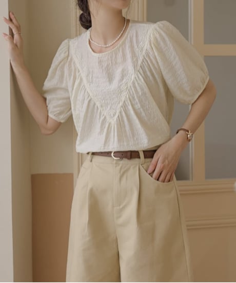 french embroidery puff sleeve tops　FL2189