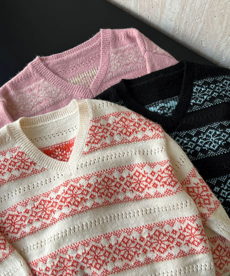 floral border v-neck knit /3color　FL3130
