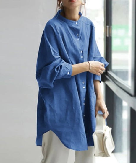 stand neck single breasted shirt /4color　FL3334