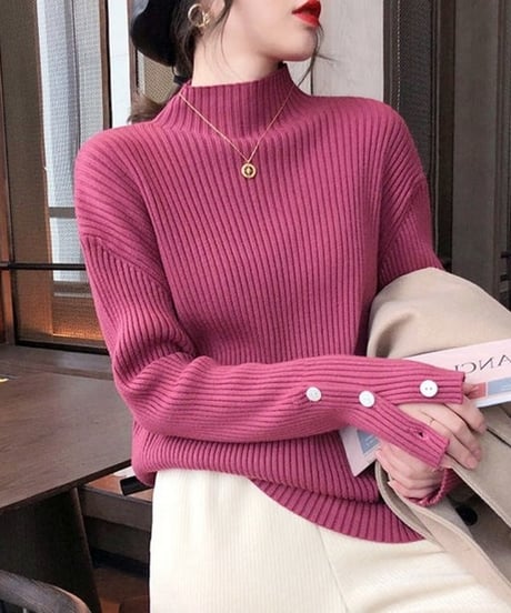 half neck sleeve button knit top /5color　FL2647