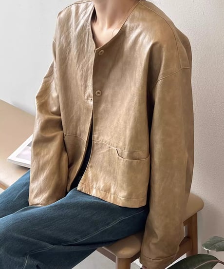 collarless pu leather jacket /2color　FL2814