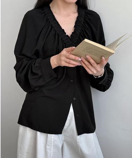 gathered v-neck shirt /2color　FL3370