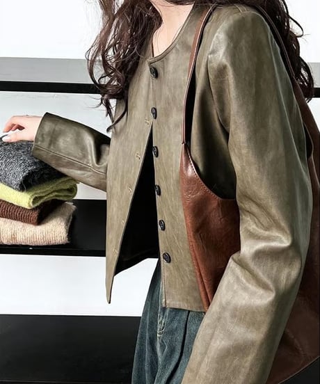 collarless faux leather button jacket　FL2982