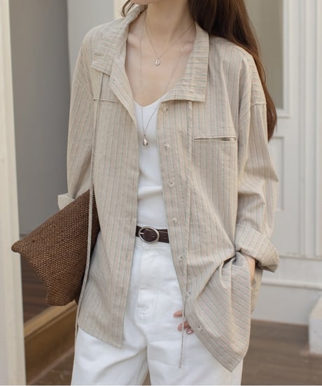 linen blend wide sleeve striped shirt /2color　FL3312