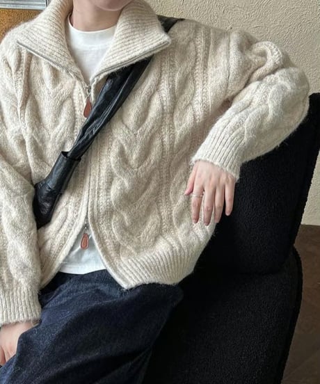 large cable knit zip cardigan /3color　FL2969