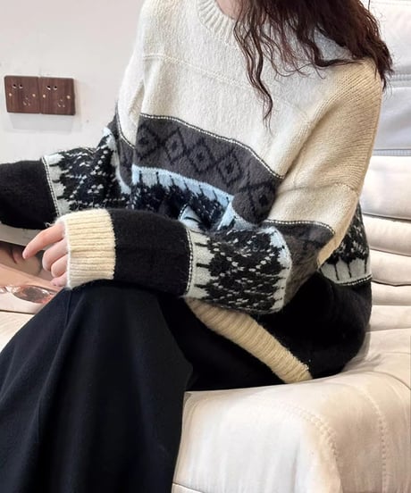 lsle pattern crew neck knit　FL2876