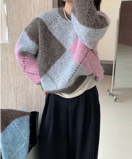 argyle knit tops  /2color　FL3012