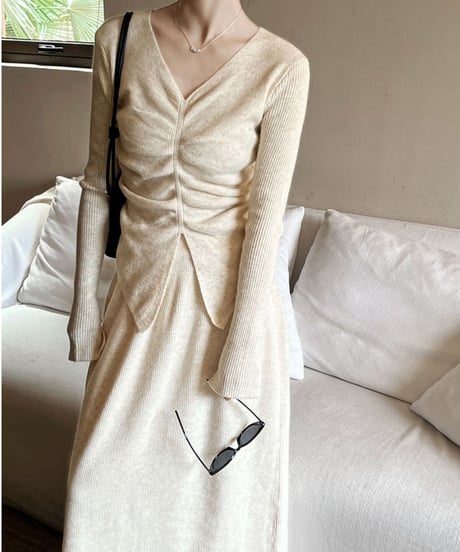 v-neck knit top and skirt set up /3color　FL2809
