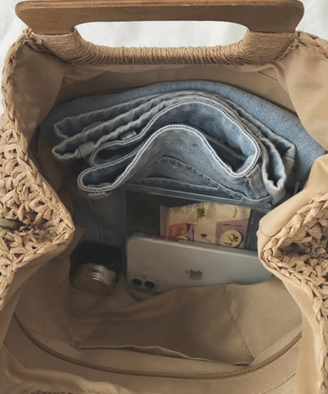 wooden handle straw bag /2color　FL2341