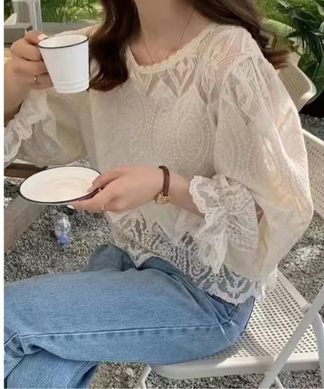 vintage lace puff sleeve blouse /2color　FL3610