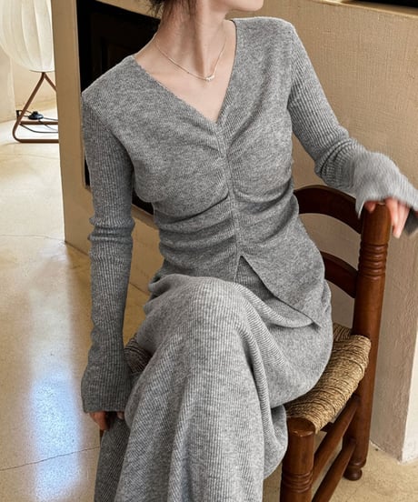 v-neck knit top and skirt set up /3color　FL2809