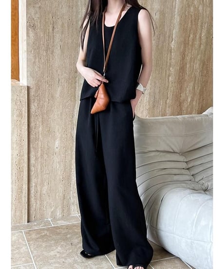 relaxed sleeveless tops + wide pants setup /2color　FL3376