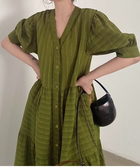 v-neck front opening high waist dress　FL3414