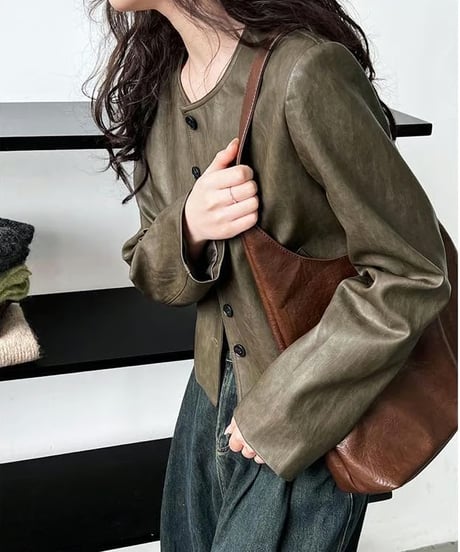 collarless faux leather button jacket　FL2982