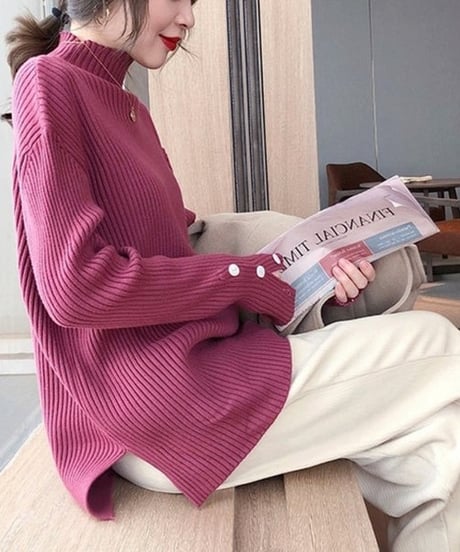 half neck sleeve button knit top /5color　FL2647