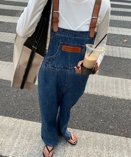 eco leather belt denim overalls　FL2395