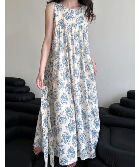 blue floral sleeveless op 　FL3455
