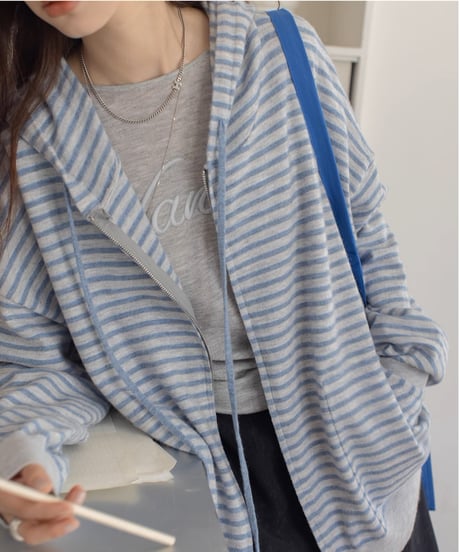 striped knit zip-up hoodie /2color　FL3315