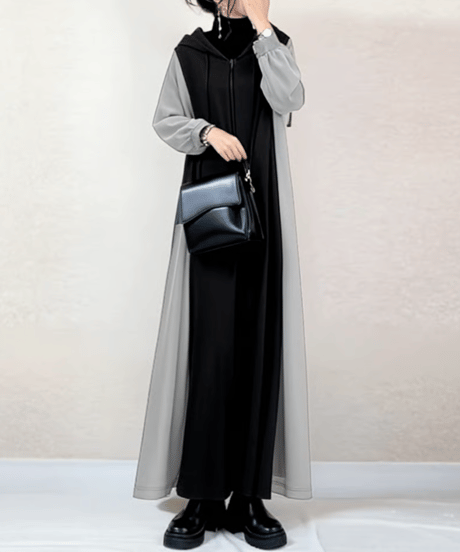 hooded color block long dress / 3color　FL3565