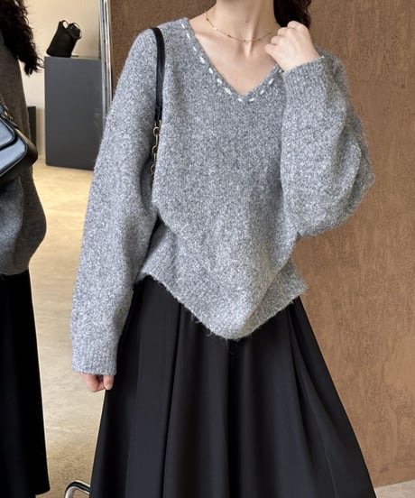 stitched v-neck knit /2color　FL2845