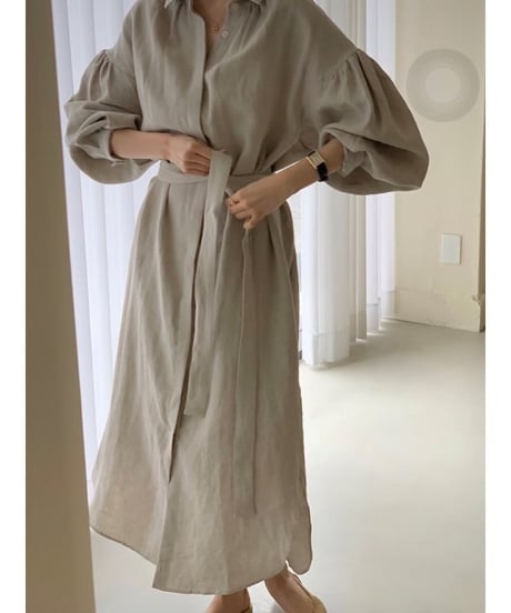 waist-marked volume sleeve dress /2color　FL2005