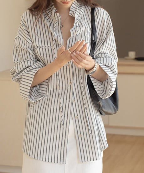 linen blend wide sleeve striped shirt /2color　FL3312