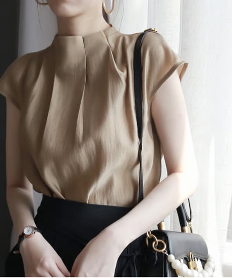 high neck tuck blouse beige　FL3657