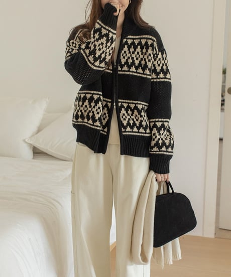 nordic pattern loose knit blouson /2color　FL3087
