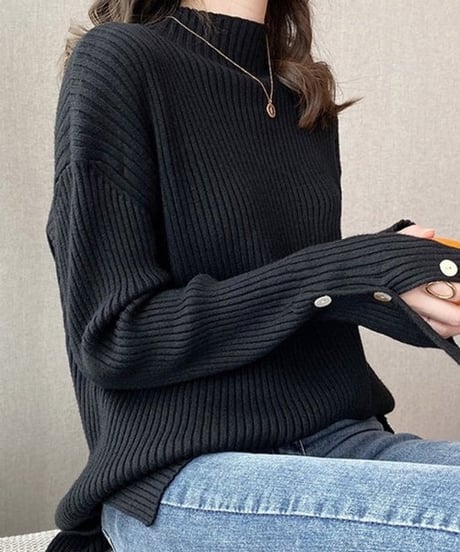 half neck sleeve button knit top /5color　FL2647