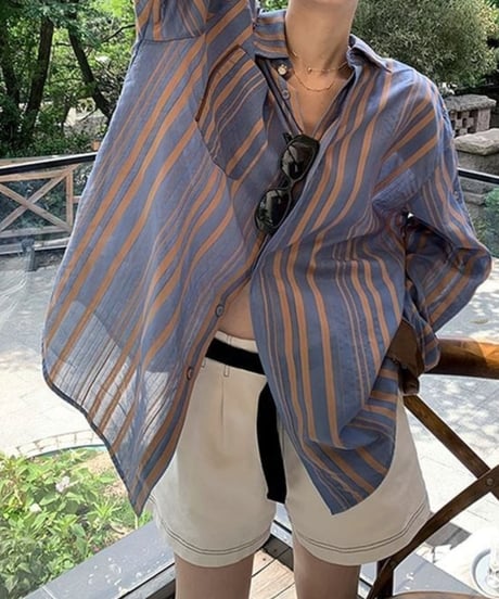 contrast cuffs striped shirt /2color　FL2604