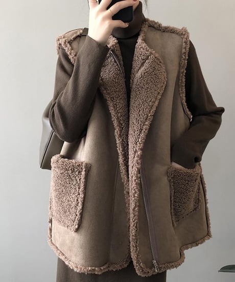 reversible boa zip vest /2color　FL3511