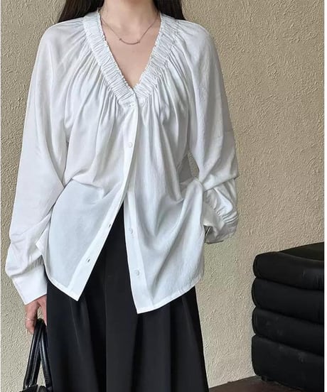 gathered v-neck shirt /2color　FL3370