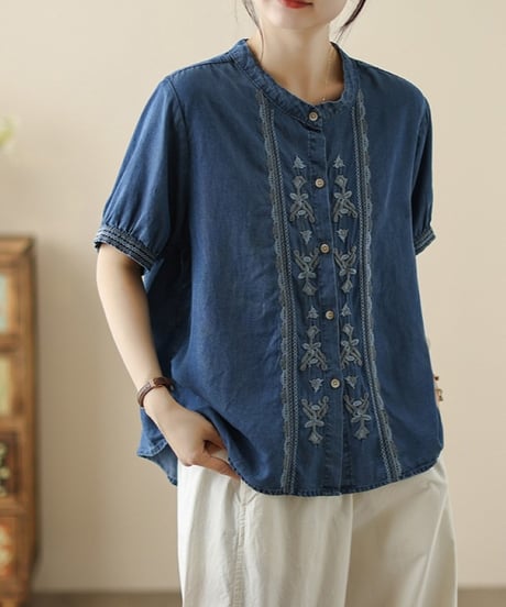 denim embroidered short sleeve blouse　FL3631
