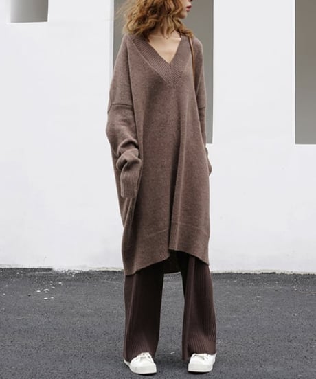 loose v-neck knit dress /4color　FL2692