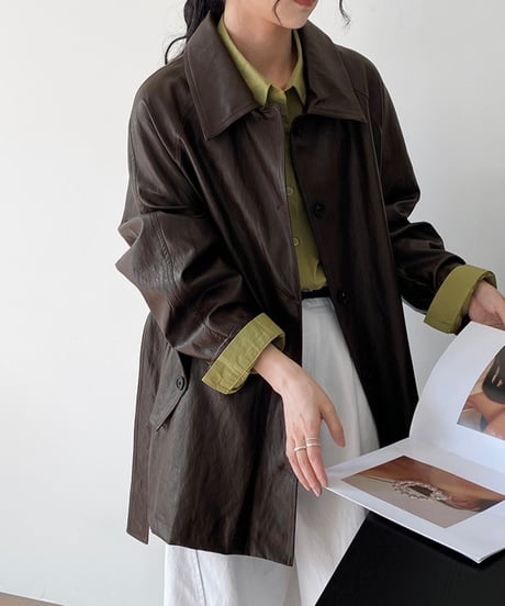 pu leather waist-belt coat /2color　FL2797