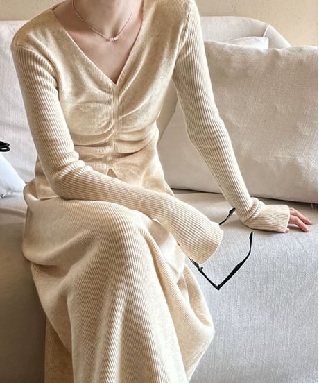 v-neck knit top and skirt set up /3color　FL2809