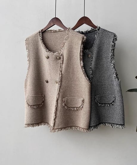 double button fringe vest /2color　FL2588