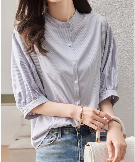 striped band collar blouse /2color　FL3658
