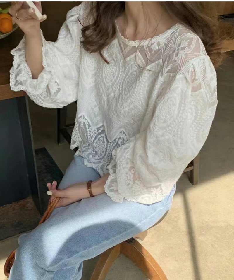 vintage lace puff sleeve blouse /2color FL3610