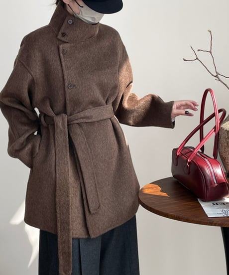 stand collar wool coat w/waist belt /2color　FL3074