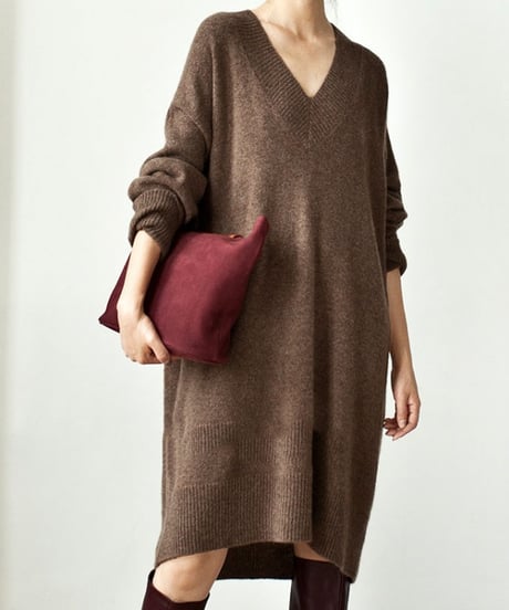 loose v-neck knit dress /4color　FL2692
