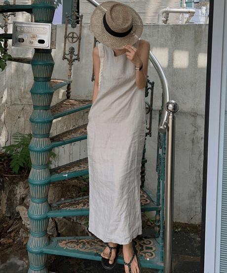 linen twist back long dress op /2color　FL3655
