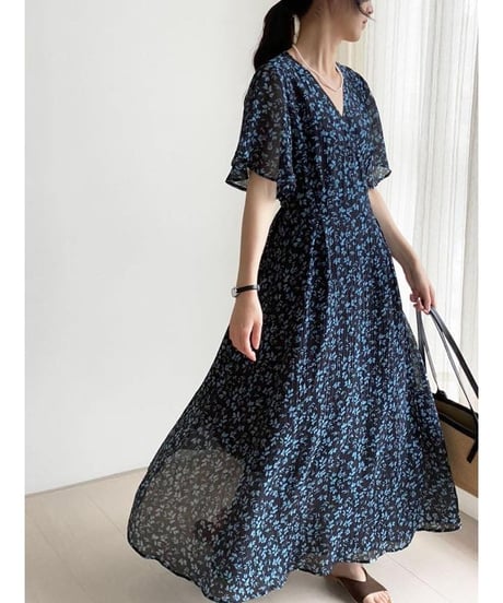 v-neck flare sleeves floral op /2color  FL3457