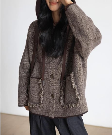 fringe pocket hooded tweed jacket　FL2979