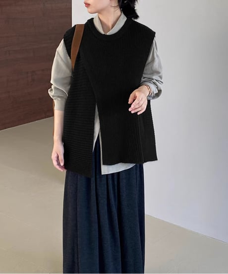 asymmetric over-lap knit vest /4color　FL2825