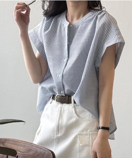 collarless blue striped shirt　FL3355