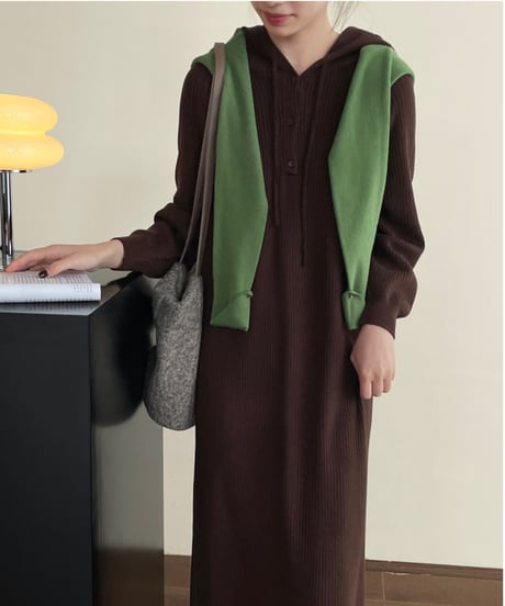 hooded long knit dress /6color　FL3054