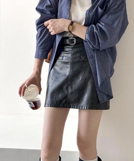 pu-leather skirt with belt /2color　FL2751