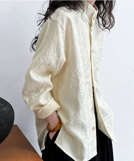 textured jacquard stand-up collar blouse /2color　FL2703